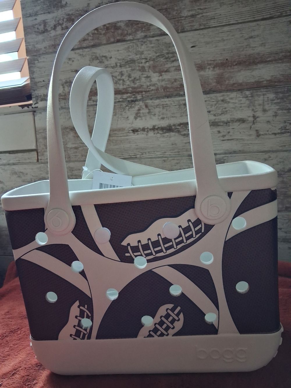 BOGG BAG White Trim Mini Tote with Dark Brown Football Motif
